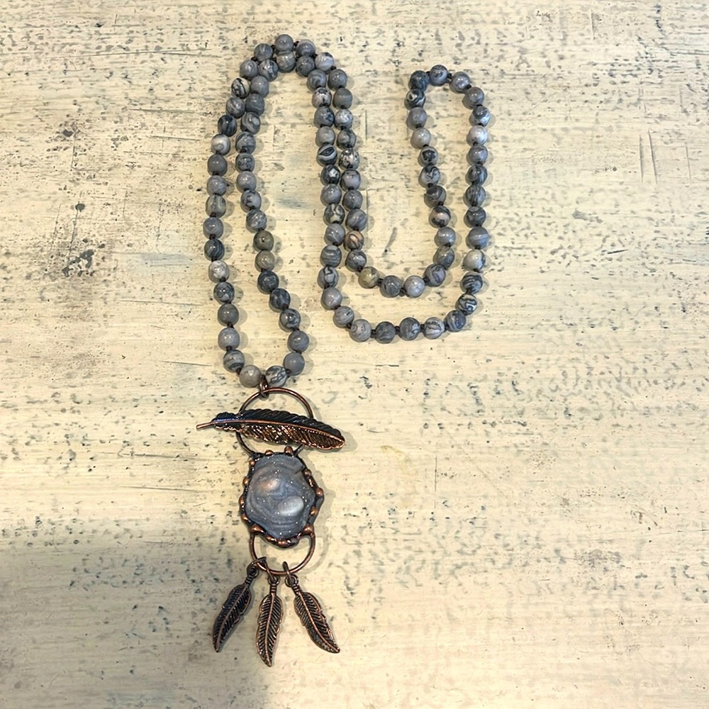 NWOT Gray Gemstone Jasper tribal pendant necklace